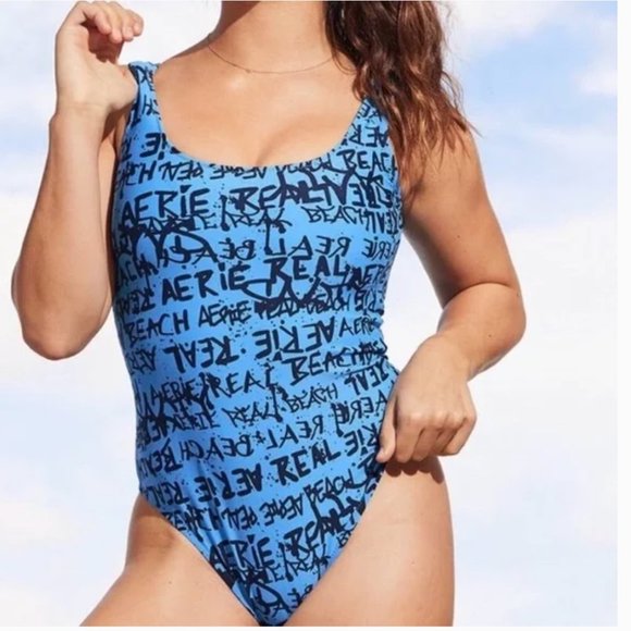 NWOT Aerie Graffiti Beach One Piece Cheeky Swimsuit  BLUE MEDIUM - Picture 1 of 5